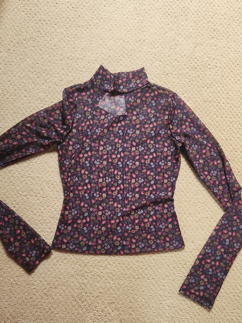 SO Floral Mesh Mock Neck Long Sleeve Top - Black with Pink Flowers